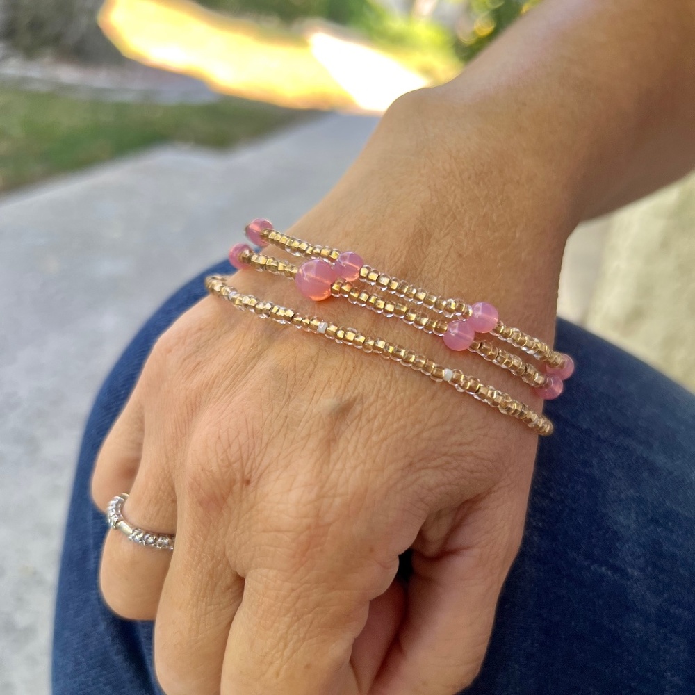 Triple Strand Yellow Gold colored and Rose Pink Bracelet